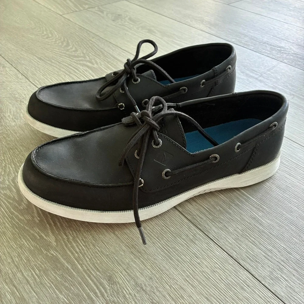 Sperry Top-Sider Mens Black Leather Boat Shoes Memory Foam Loafers 9.5M